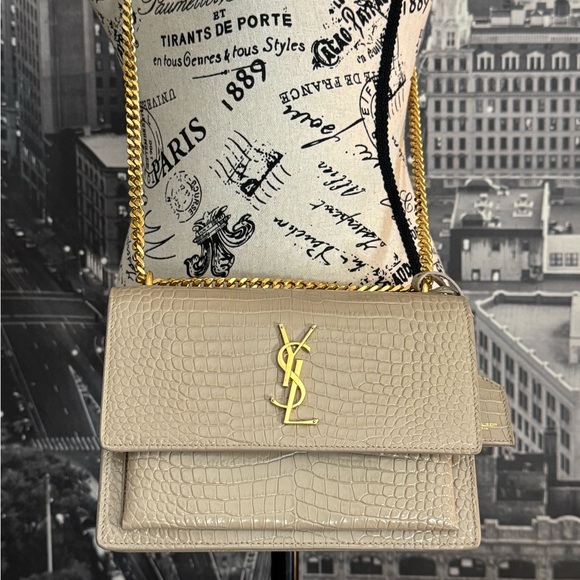 Saint Laurent Handbags - Saint Laurent Sunset Medium Croc-Embossed Leather Shoulder Bag in Dark Beige